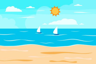 Çizgi film yaz plajı, deniz kenarı doğal tatil, tropik plaj, deniz manzarası arka plan çizimi