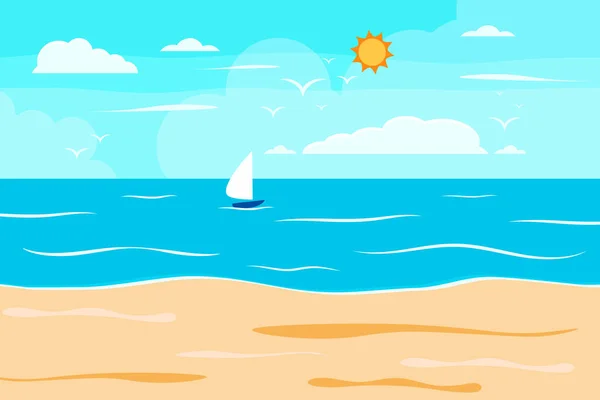 漫画夏のビーチ 海辺の自然休暇 熱帯のビーチ 海辺の風景の背景ベクトル図 — ストックベクタ