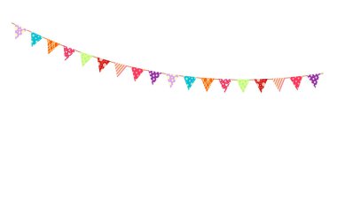 Mutlu yıllar, doğum günü partisi, renkli parti bayrakları, düz vektör illüstrasyonu ve simgeler