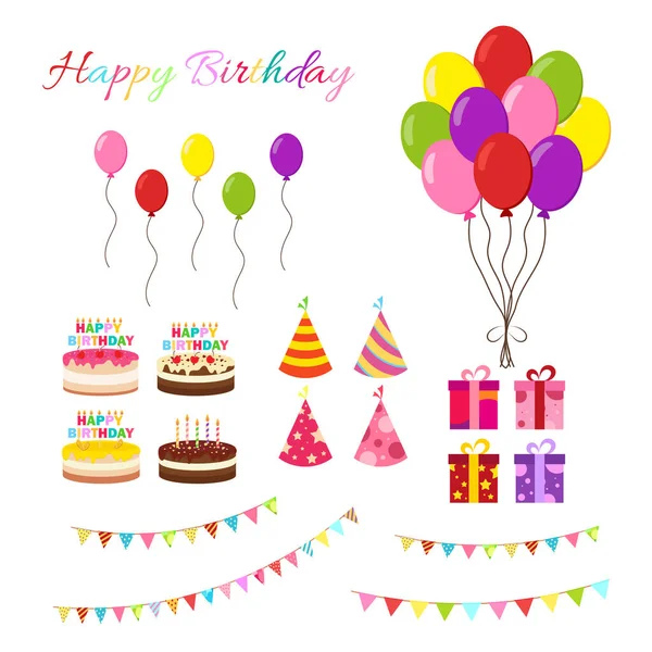 Happy Birthday Party Birthday Cake Box Celebración Party Hat Regalos — Vector de stock