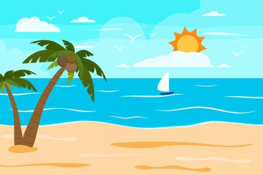 Çizgi film yaz plajı, deniz kenarı doğal tatil, tropik plaj, deniz manzarası arka plan çizimi