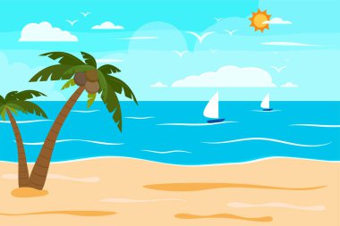Çizgi film yaz plajı, deniz kenarı doğal tatil, tropik plaj, deniz manzarası arka plan çizimi