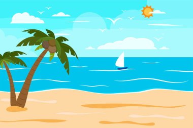 Çizgi film yaz plajı, deniz kenarı doğal tatil, tropik plaj, deniz manzarası arka plan çizimi