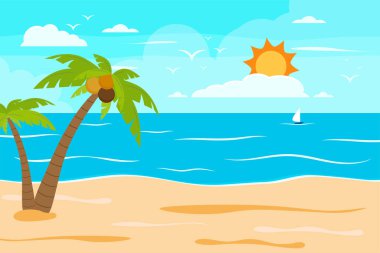 Çizgi film yaz plajı, deniz kenarı doğal tatil, tropik plaj, deniz manzarası arka plan çizimi