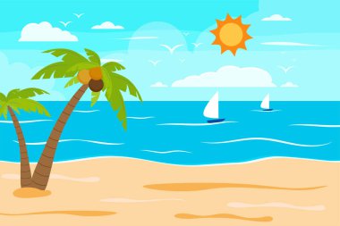 Çizgi film yaz plajı, deniz kenarı doğal tatil, tropik plaj, deniz manzarası arka plan çizimi