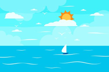 Çizgi film yaz plajı, deniz kenarı doğal tatil, tropik plaj, deniz manzarası arka plan çizimi