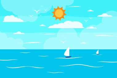 Çizgi film yaz plajı, deniz kenarı doğal tatil, tropik plaj, deniz manzarası arka plan çizimi