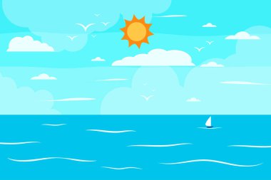 Çizgi film yaz plajı, deniz kenarı doğal tatil, tropik plaj, deniz manzarası arka plan çizimi