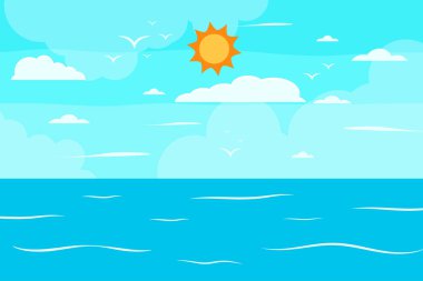 Çizgi film yaz plajı, deniz kenarı doğal tatil, tropik plaj, deniz manzarası arka plan çizimi
