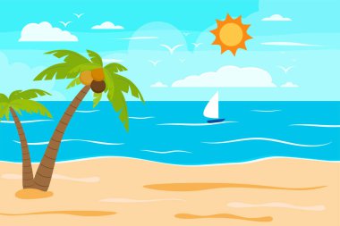 Çizgi film yaz plajı, deniz kenarı doğal tatil, tropik plaj, deniz manzarası arka plan çizimi