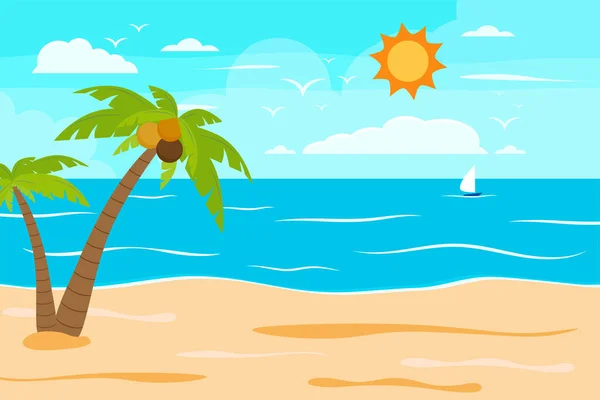 卡通夏季海滩 海滨自然度假 热带海滩 海滨风景背景图解 — 图库矢量图片