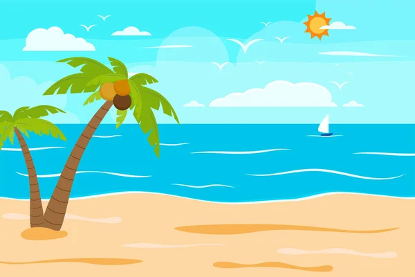 卡通夏季海滩 海滨自然度假 热带海滩 海滨风景背景图解 — 图库矢量图片