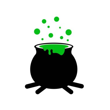 Cadının kazanı iksir kaynatmak ve yemek pişirmek için kullanılır. Cadılar Bayramı vektör illüstrasyonu.