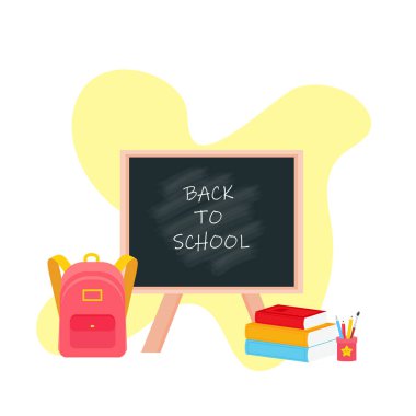 Okuldaki karatahta kağıtlar, kalem kutusu, kalem kutusu, kitap yığını, fotorealistik edebiyat, defter, not defteri, okul çantası, paletler ve sanat fırçaları. vektör illüstrasyonu.