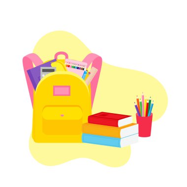 Okul malzemeleri, kalem kutusu, kalem kutusu, kitap yığını, fotorealistik edebiyat, defter, defter, not defteri, okul çantası, paletler ve fırçalar, renkli kalemler. vektör illüstrasyonu