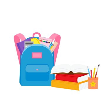 Okul malzemeleri, kalem kutusu, kalem kutusu, kitap yığını, fotorealistik edebiyat, defter, defter, not defteri, okul çantası, paletler ve fırçalar, renkli kalemler. vektör illüstrasyonu