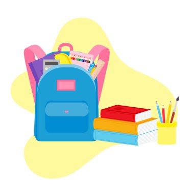 Okul malzemeleri, kalem kutusu, kalem kutusu, kitap yığını, fotorealistik edebiyat, defter, defter, not defteri, okul çantası, paletler ve fırçalar, renkli kalemler. vektör illüstrasyonu