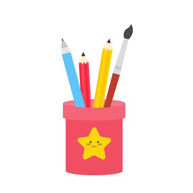 Okul malzemeleri, kalem kutusu, kalem kutusu, kitap yığını, fotorealistik edebiyat, defter, defter, not defteri, okul çantası, paletler ve fırçalar, renkli kalemler. vektör illüstrasyonu