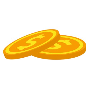 Masanın üzerinde dolar işareti olan iki altın sikke, izometrik ikon. Para, yatırım