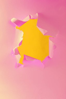 Ortasında insan olmayan yırtık, pembe bir kağıt parçası. Promosyon içeriğiniz, yazınız ya da reklamınız için alanı kopyalayın. Nesne eklemek için boş delik. Yırtık renkli kağıt. Soyut çekim.