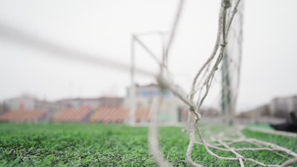 Soccer Ball Vole Dans Goal Net Ralenti Balle Noire Blanche — Video