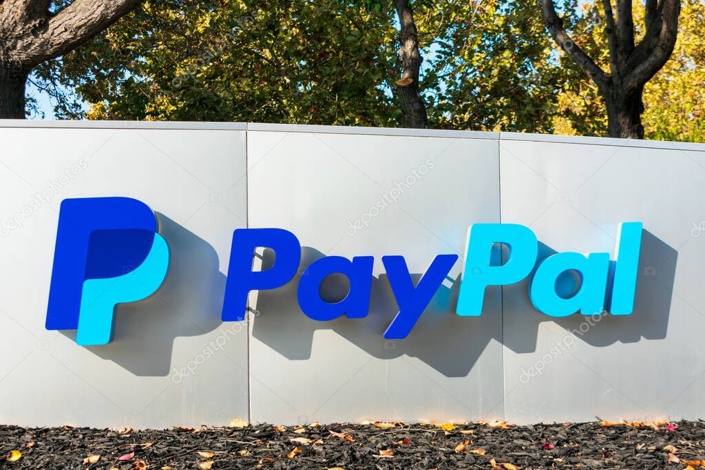 PayPal logo and sign at company headquarters in Silicon Valley. PayPal Holdings Inc. is an American company operating a worldwide online payments - San Jose, California, USA - 2020