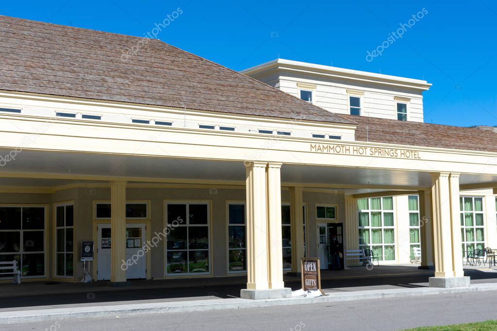 Mammoth Hot Springs Hotel entrance and exterior - Yellowstone National Park, Wyoming, USA - 2020