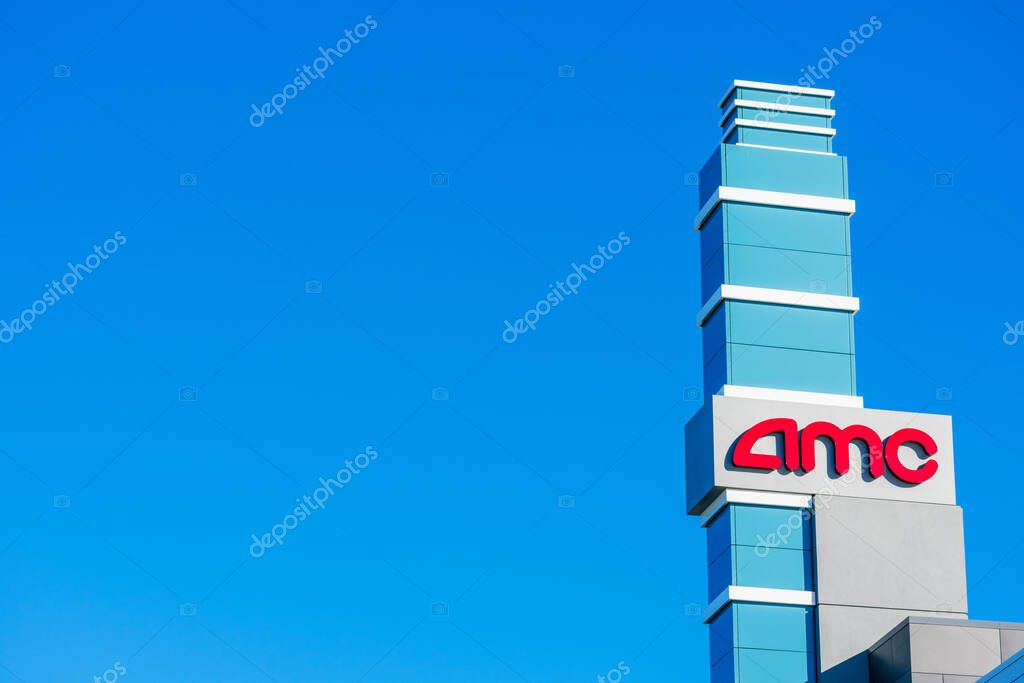 AMC signpost above the movie theater on a sunny day under blue sky - Sunnyvale, California, USA