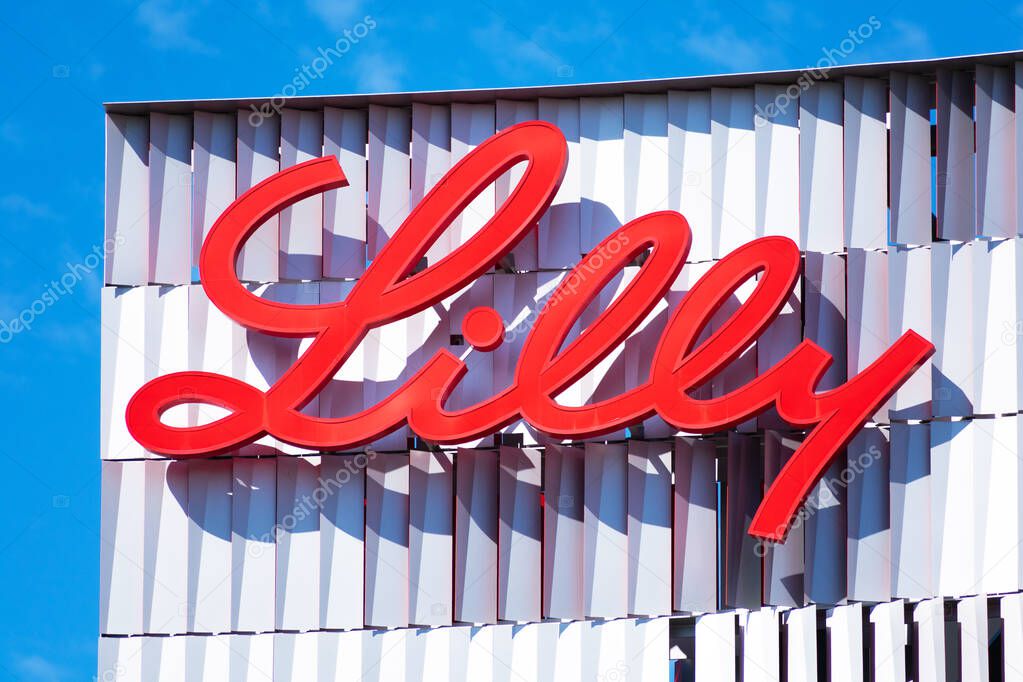 Lilly logo atop Lilly Biotechnology Center campus of an American pharmaceutical company Eli Lilly and Company - San Diego, California, USA - 2020