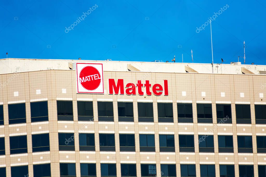 Mattel sign logo above headquarters building of an American multinational toy manufacturing company - El Segundo, California, USA - 2020