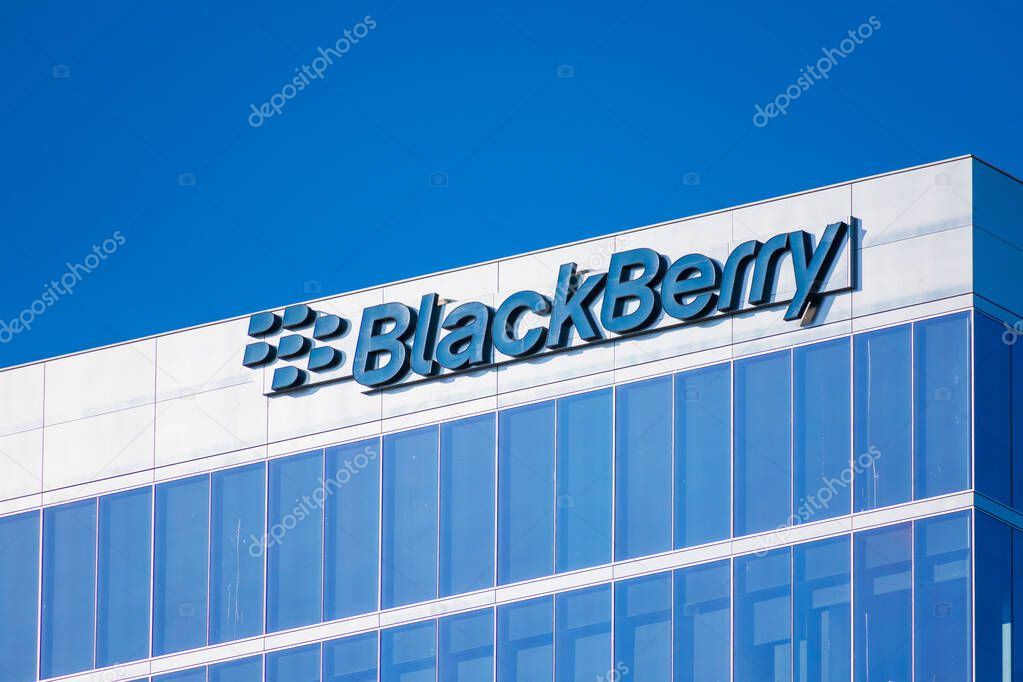 Blackberry logo sign on BlackBerry Limited campus. BlackBerry Ltd, former developer of the BlackBerry smartphones, specializes in enterprise software and IOT - Irvine, California, USA - 2020