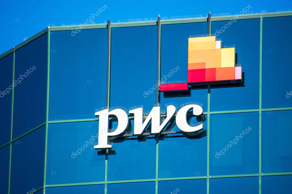 PwC logo sign on company office. PricewaterhouseCoopers is a multinational professional services network of firms, operating under the PwC brand - San Diego, California, USA - 2020