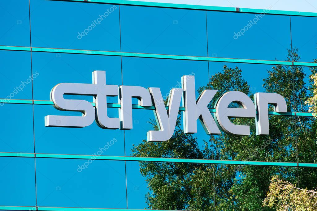 Stryker sign logo at medical technologies firm Stryker Corporation headquarters in Silicon Valley - Fremont, CA, USA - 2020