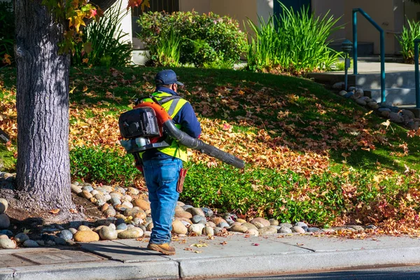 Unidentified Landscape Worker Handheld Backpack Leaf Blower Clear Fallen Autumn — Stock Photo, Image