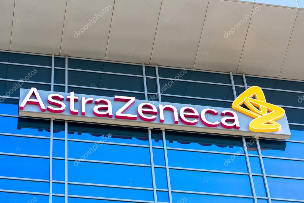 AstraZeneca sign logo on British Swedish multinational pharmaceutical and biopharmaceutical company building exterior - South San Francisco, California, USA - 2020