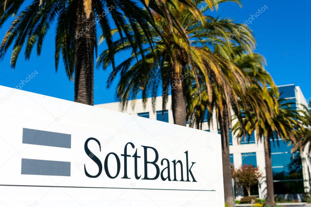 SoftBank sign at SoftBank Vision Fund headquarters in Silicon Valley. SoftBank Group Corporation is a Japanese multinational conglomerate holding company - San Carlos, CA, USA - 2020