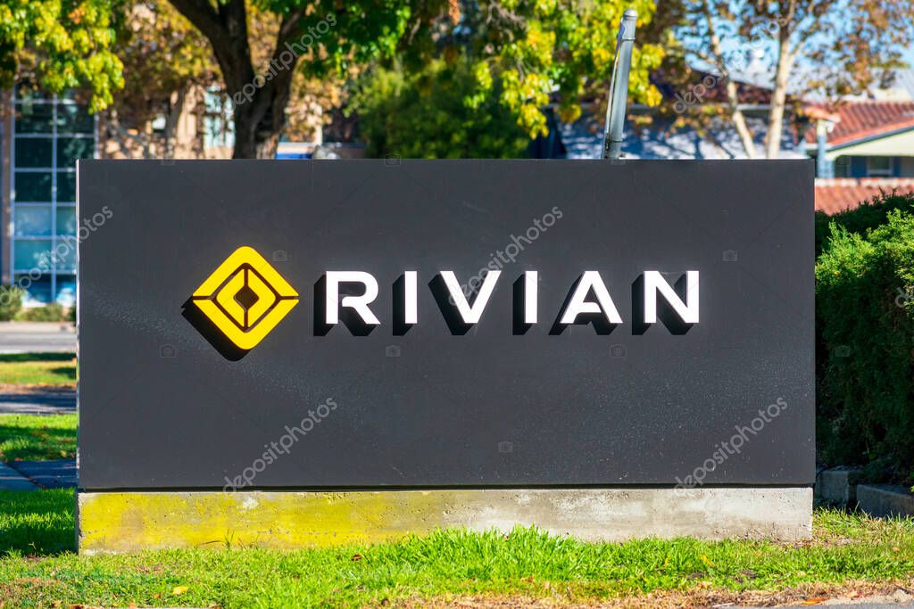 Rivian sign logo at headquarters in Silicon Valley. Rivian is an American automaker and automotive technology company. - Palo Alto, California, USA - 2020