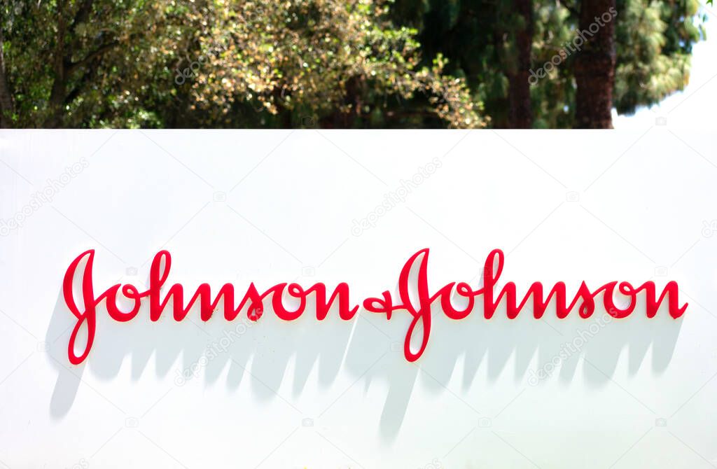 Johnson & Johnson sign at multinational corporation office in Silicon Valley. Johnson Johnson is an American multinational corporation - Milpitas, CA, USA - 2020