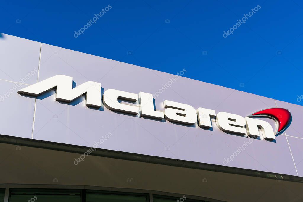 McLaren logo above British automotive manufacturer McLaren Automotive dealership in Silicon Valley - Palo Alto, California, USA - 2019