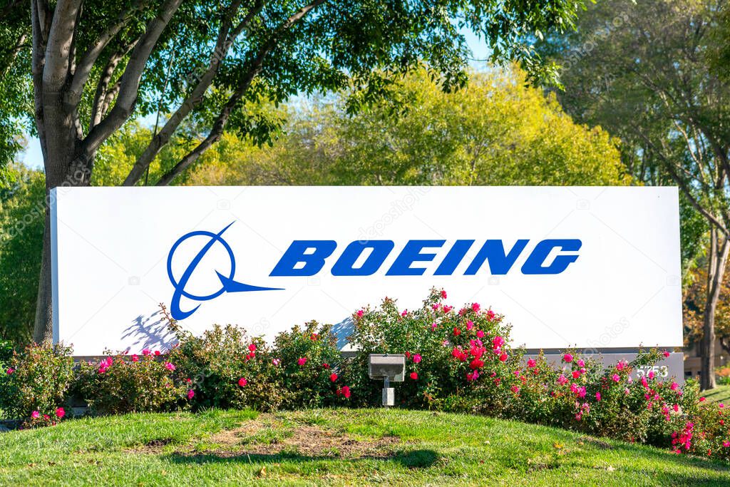 Boeing logo, sign on signpost at company office. The Boeing Company is an American multinational aerospace corporation - Pleasanton, California, USA - 2020