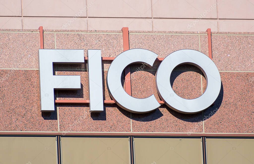 FICO sign on headquarters facade of Fair Isaac Corporation in Silicon Valley. FICO is a data analytics company focused on credit scoring services - San Jose, California, USA - 2019