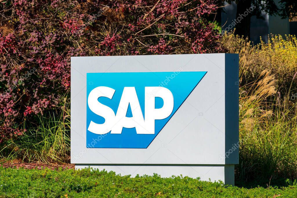 SAP sign on signpost. SAP SE is a German multinational software corporation that develops enterprise software to manage business operations and customer relations - Palo Alto, California, USA - 2020
