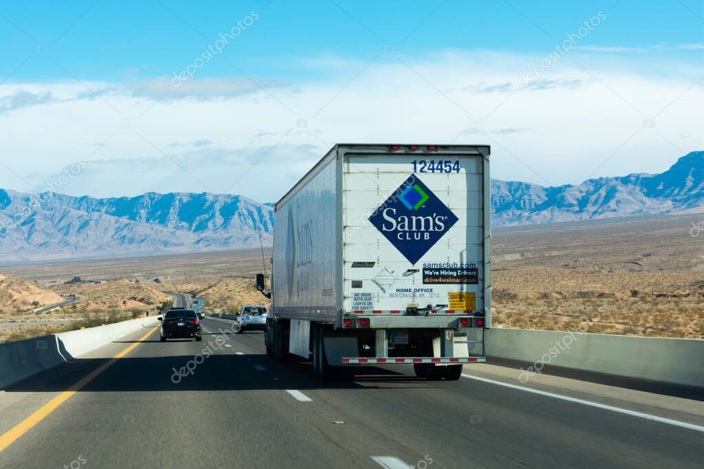 Sam's Club sign and logo on the side of delivery truck driving on highway - Las Vegas, Nevada, USA - 2020