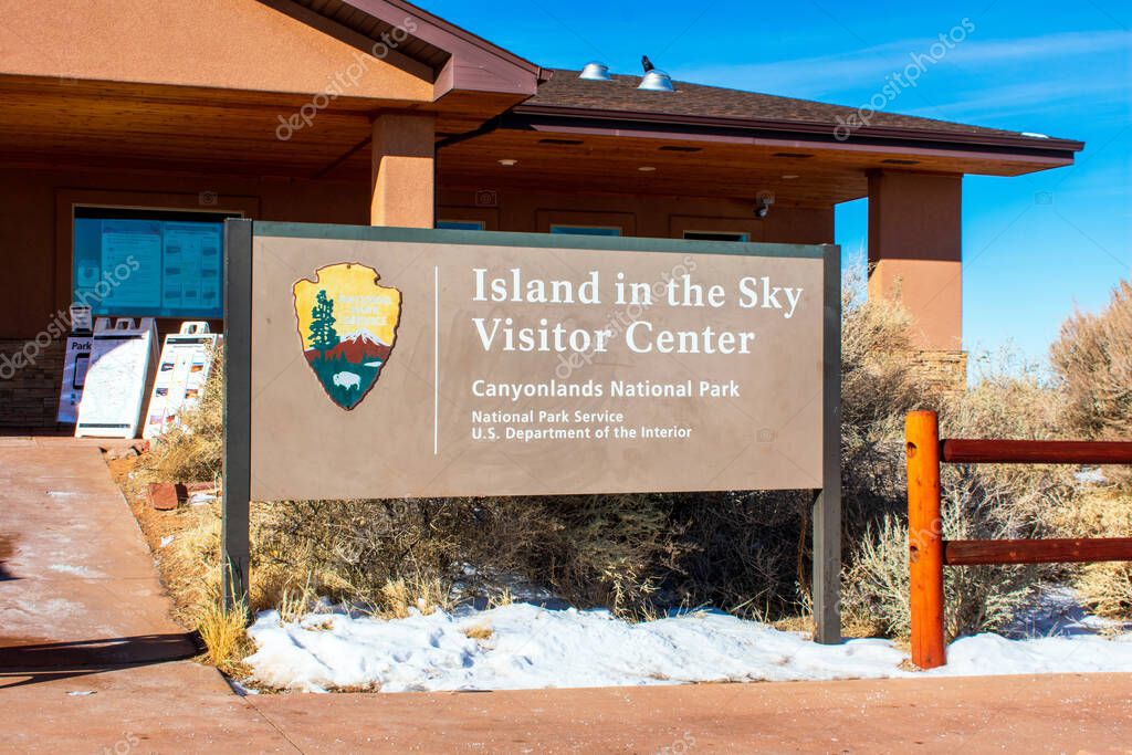 Island in the Sky Visitor Center sign on winter day - Canyonlands National Park, Utah, USA - 2020