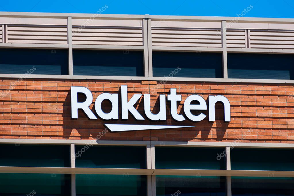 Rakuten sign, logo atop of Silicon Valley office of Japanese electronic commerce and Internet company based in Tokyo. - San Mateo, California, USA - 2021