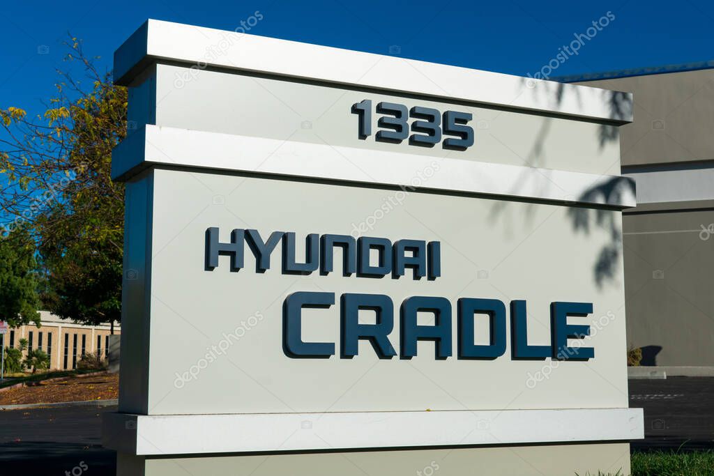Hyundai Cradle sign at center for robotic-augmented design in living experiences of Hyundai Motor Group in Silicon Valley. - Mountain View, California, USA - 2019