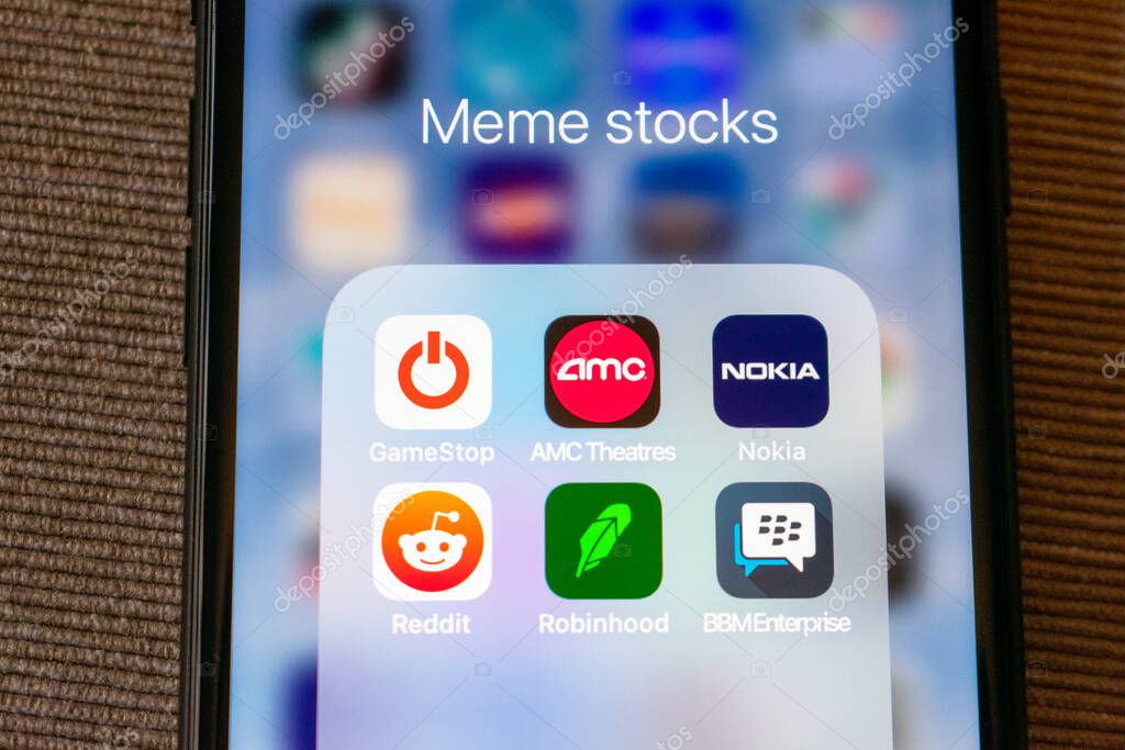 GameStop, AMC Theatres, Nokia, BlackBerry Enterprise, Reddit, Robinhood application icons grouped in Meme Stocks folder on smartphone - San Jose, California, USA - 2021