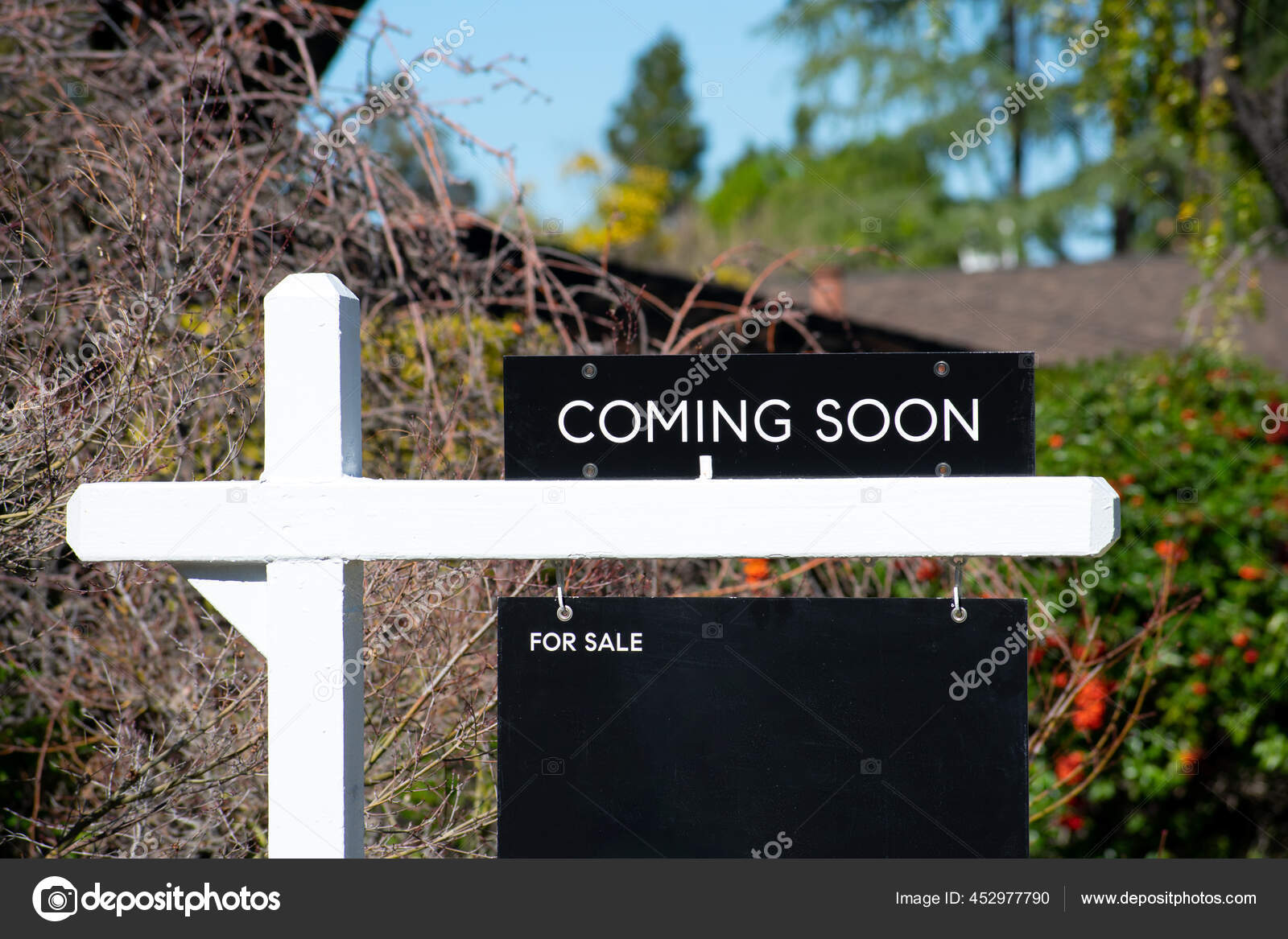 Coming Soon Sign House Sale Residential Neighborhood Green Trees