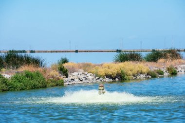Kirletici maddeleri ve çözünmüş gazları kaldırmak için atık su arıtma tesisi havuzundaki kirli suyu havalandırma ve filtreleme pompasında çalışıyorum. Baraj, oksitlenme havuzlarını ayırır.