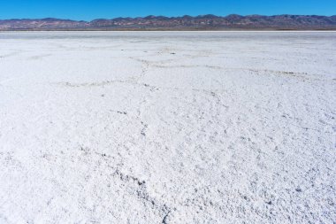 Carrizo Plain Ulusal Anıtı 'ndaki kuru soda gölünün beyaz tuz düzlükleri. Sıcak güneşli bir günde ufuk çizgisinde Temblor Sıradağları var.